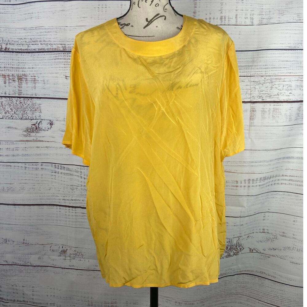 Anna And Frank Silk Top Womens XL Yellow Short Sleeves Crew Keyhole Button Back